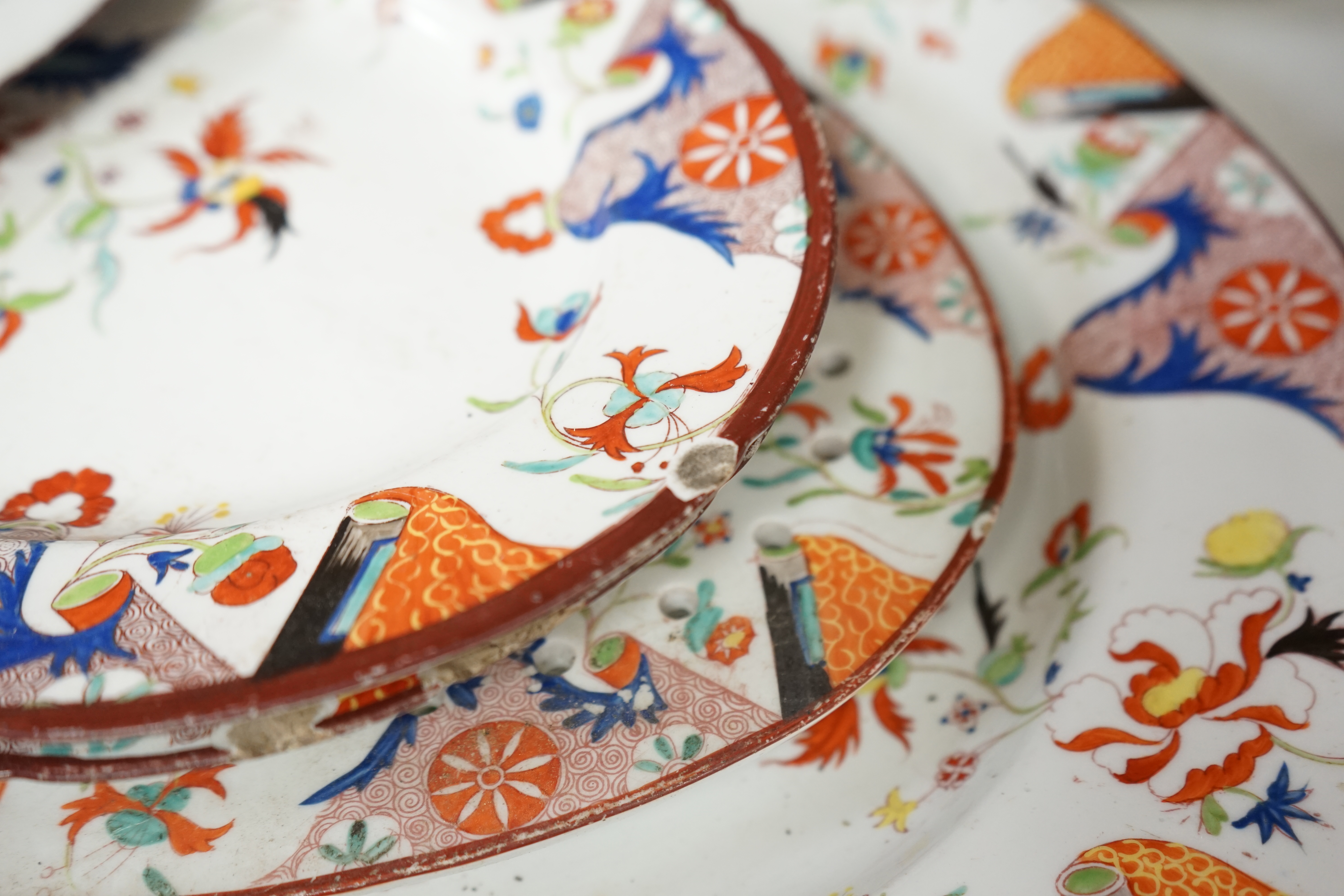 A Chinese export Imari pattern tureen and cover, Qianlong period, collection of Victorian plates and dishes together with an Imari pattern tureen and cover